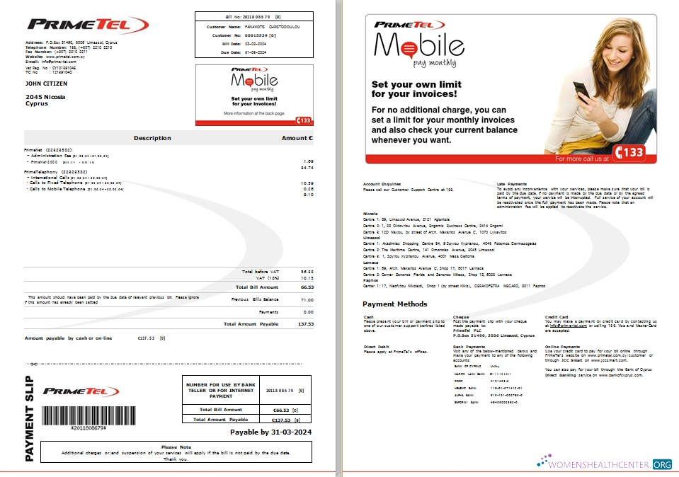 download download Cyprus Primetel utility bill, 2 pages